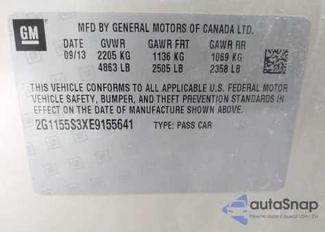 2014 Chevrolet Impala 2Lz z USA, uszkodzony, nr VIN 2G1155S3XE9155641